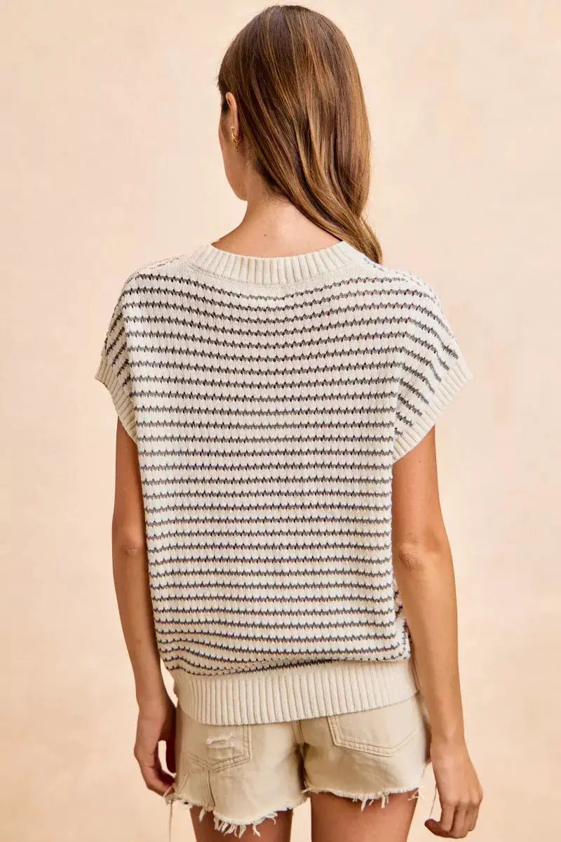 BiBi Pointelle Stripes Sleeveless Drop Shoulder Lightweight Sweater Top  Style Ratio