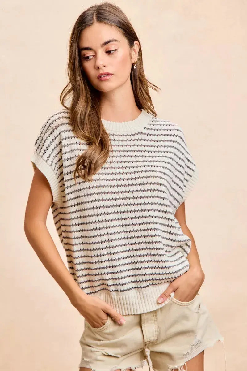 BiBi Pointelle Stripes Sleeveless Drop Shoulder Lightweight Sweater Top  Style Ratio