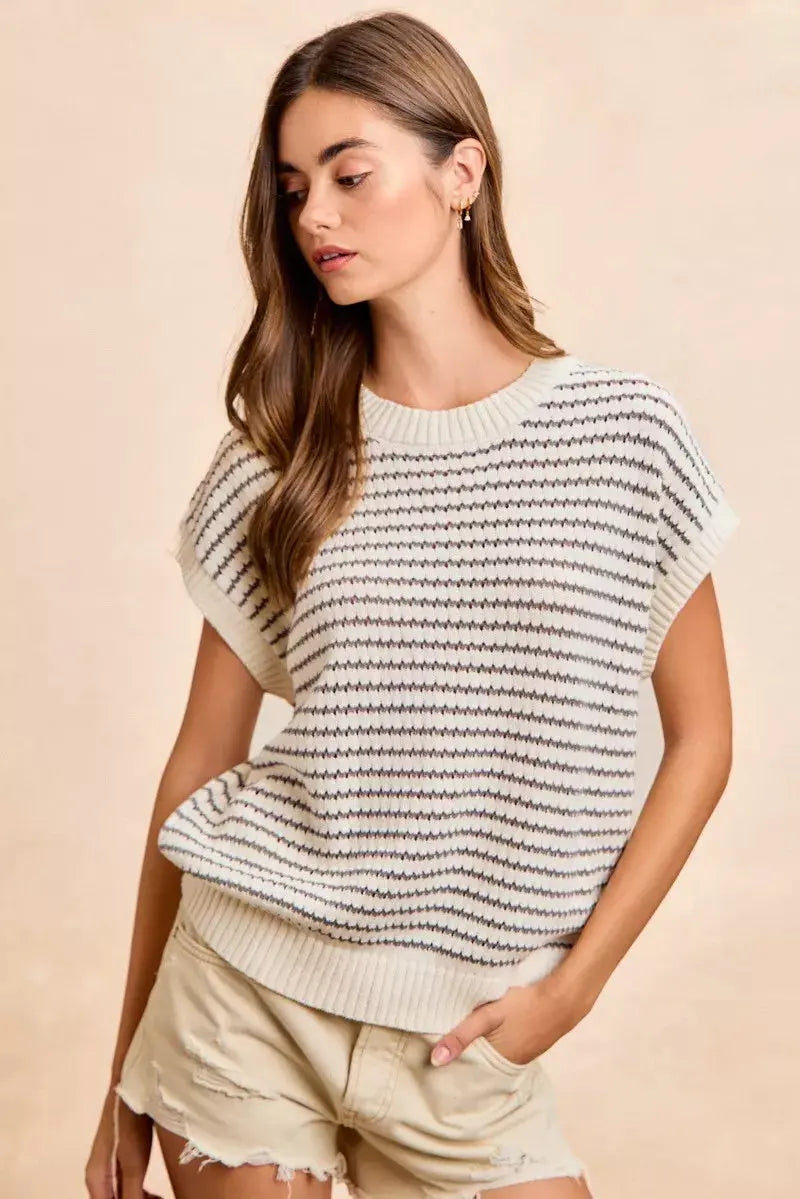 BiBi Pointelle Stripes Sleeveless Drop Shoulder Lightweight Sweater Top  Style Ratio