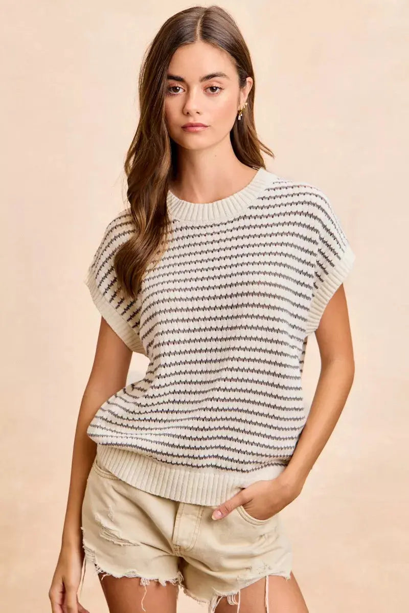 BiBi Pointelle Stripes Sleeveless Drop Shoulder Lightweight Sweater Top  Style Ratio