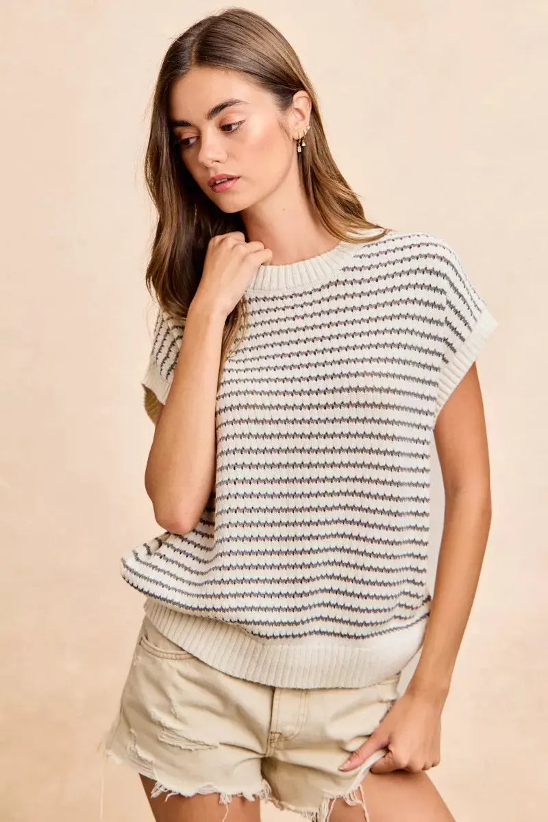 BiBi Pointelle Stripes Sleeveless Drop Shoulder Lightweight Sweater Top  Style Ratio