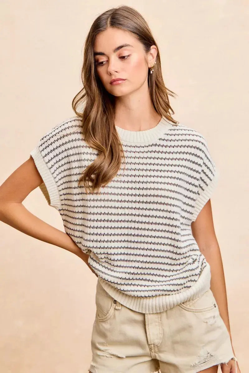 BiBi Pointelle Stripes Sleeveless Drop Shoulder Lightweight Sweater Top  Style Ratio