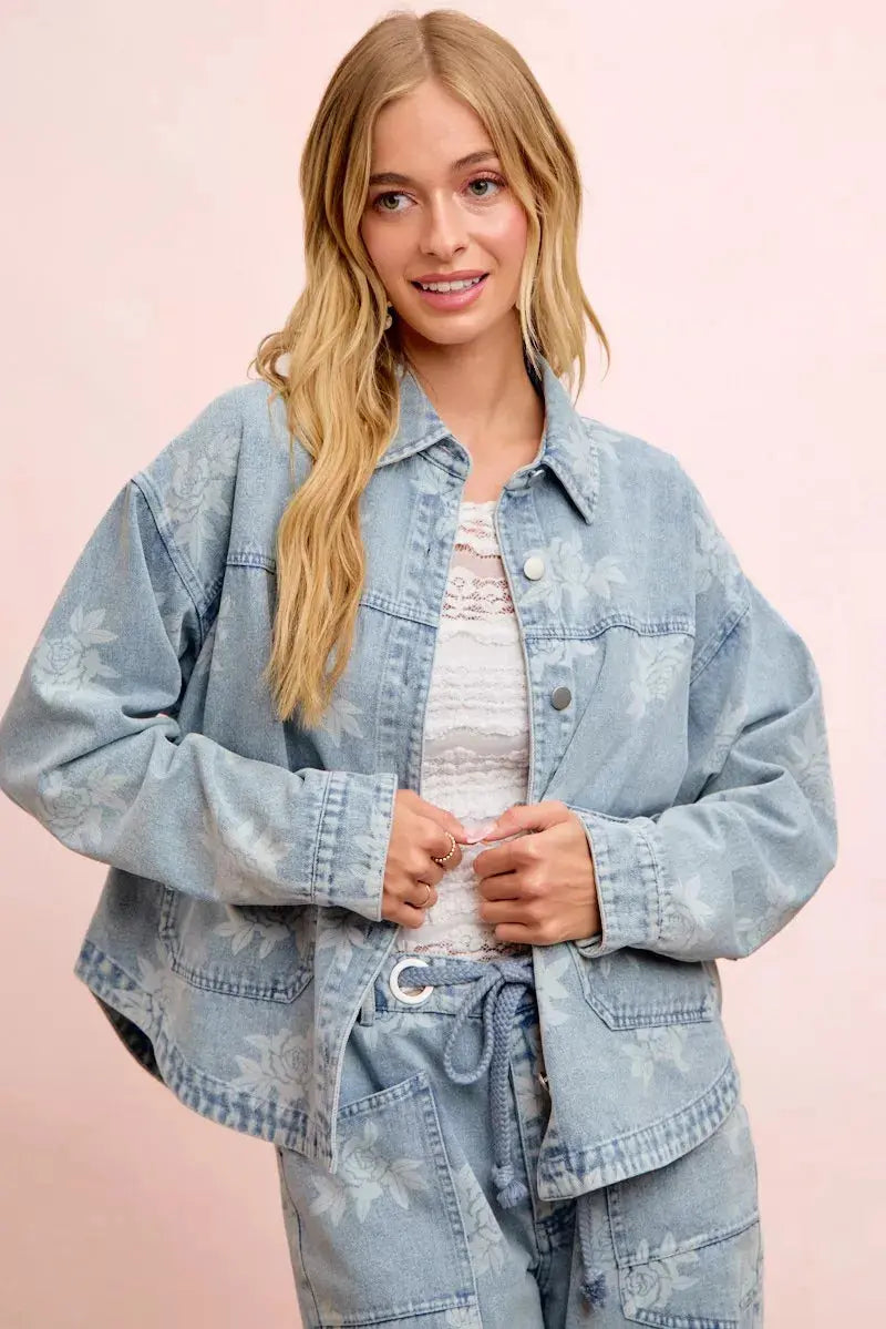 BiBi Printed Washed Denim Jacket With Pocket  Style Ratio
