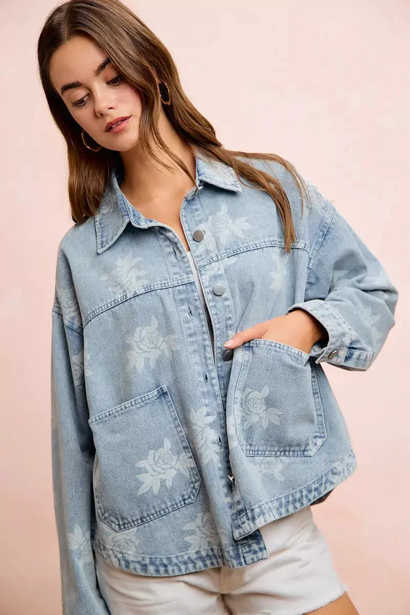 BiBi Printed Washed Denim Jacket With Pocket  Style Ratio
