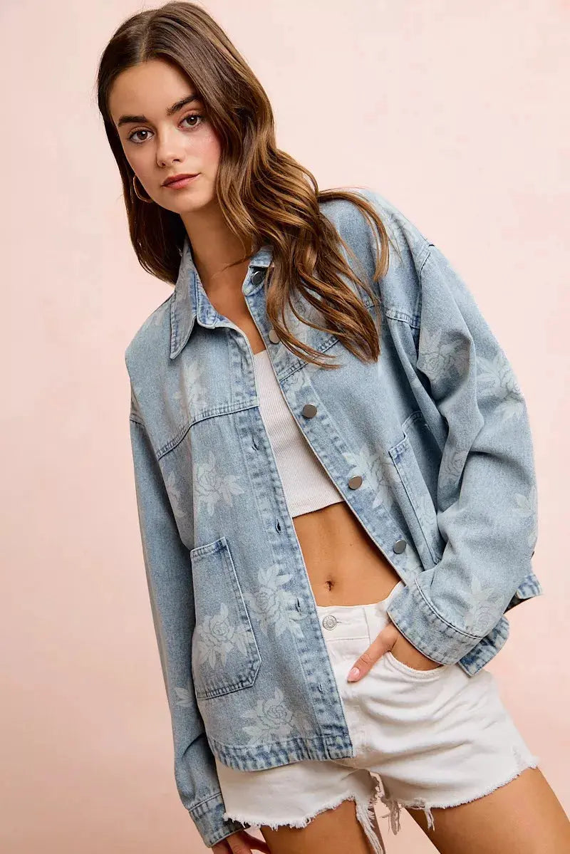 BiBi Printed Washed Denim Jacket With Pocket  Style Ratio