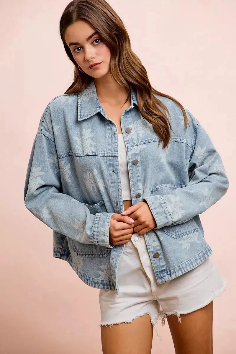 BiBi Printed Washed Denim Jacket With Pocket  Style Ratio