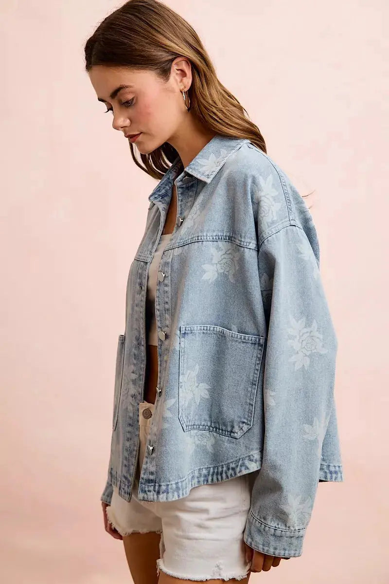 BiBi Printed Washed Denim Jacket With Pocket  Style Ratio