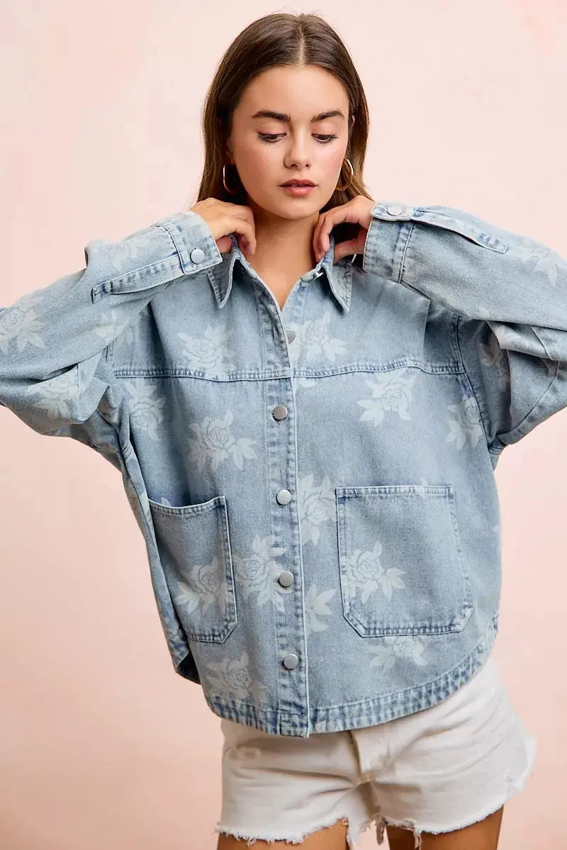 BiBi Printed Washed Denim Jacket With Pocket  Style Ratio