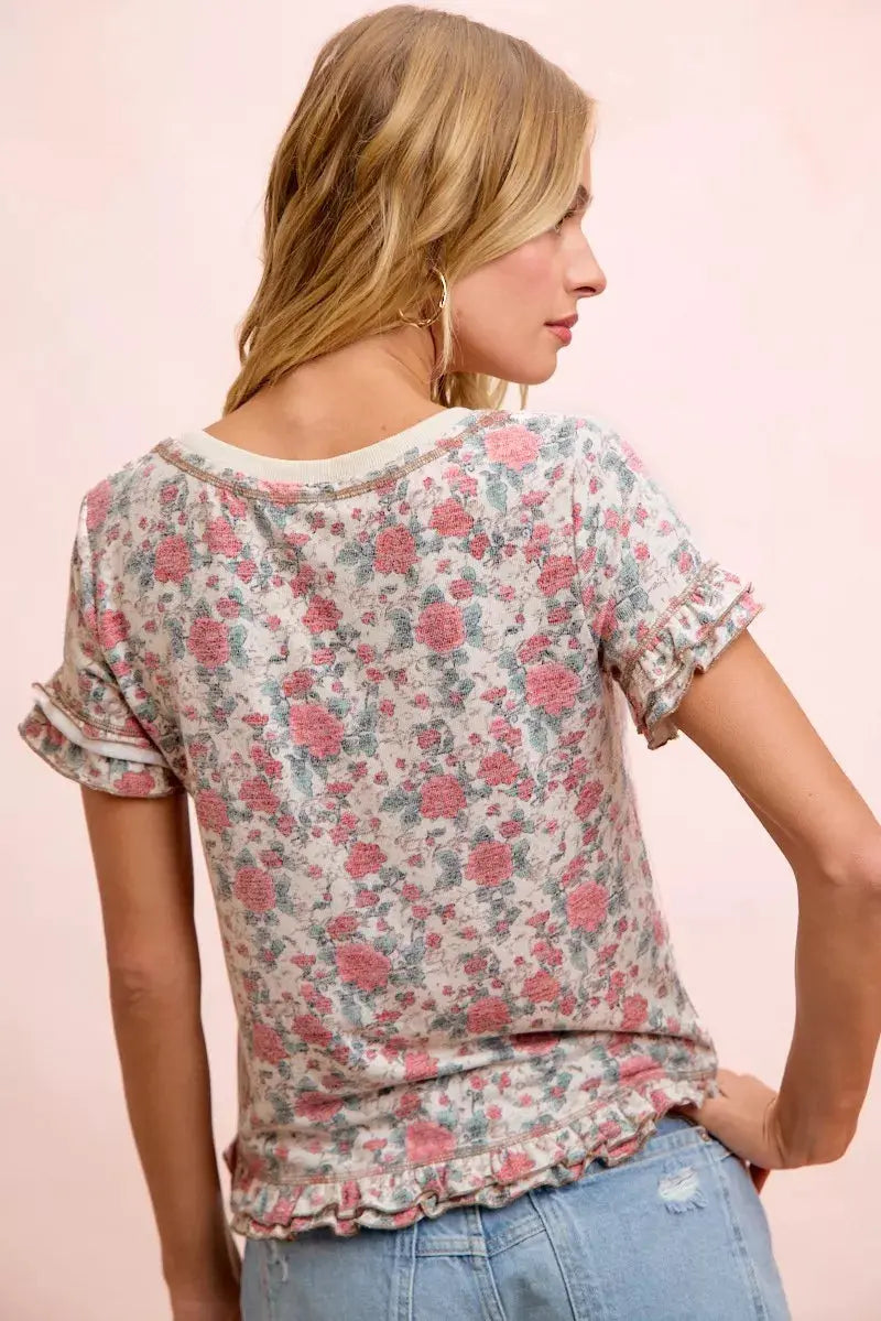 BiBi Rose Printed Slub Knit Ruffled Sleeves Top  Style Ratio