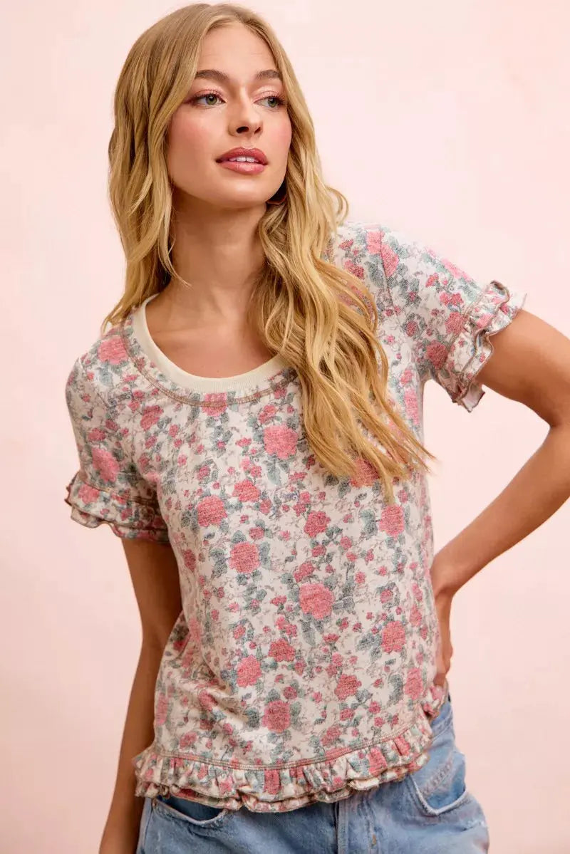 BiBi Rose Printed Slub Knit Ruffled Sleeves Top  Style Ratio