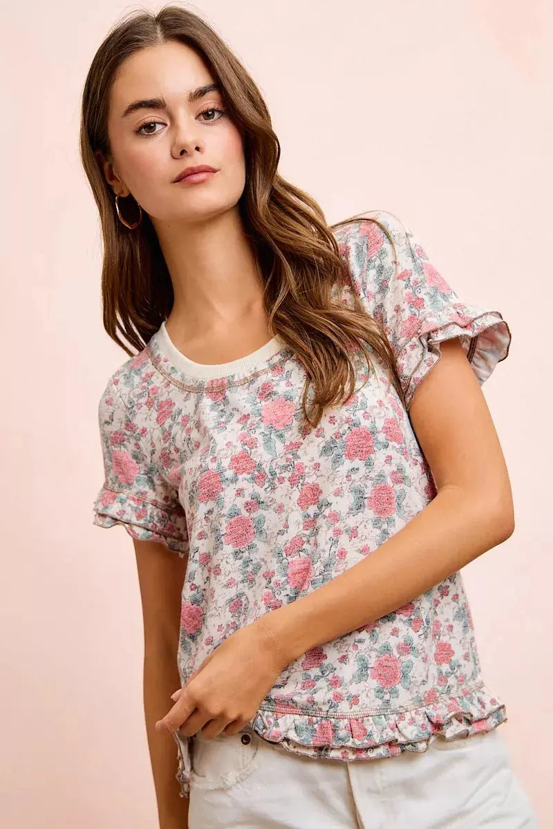 BiBi Rose Printed Slub Knit Ruffled Sleeves Top  Style Ratio