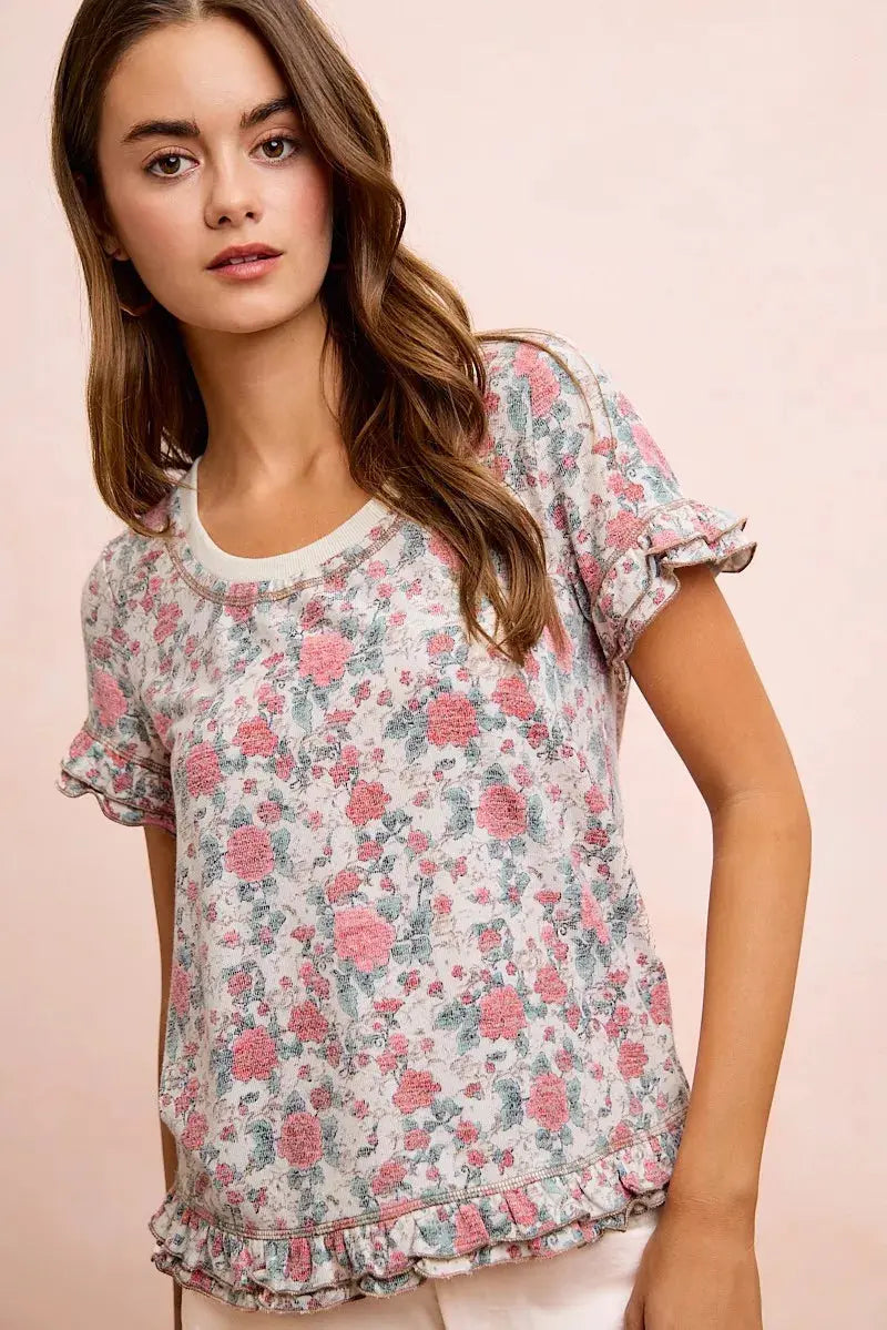 BiBi Rose Printed Slub Knit Ruffled Sleeves Top  Style Ratio