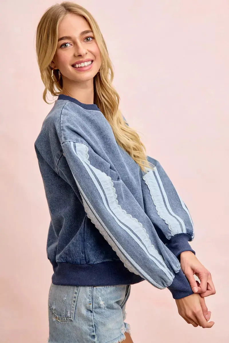 BiBi Washed Denim Lace Contrast Sided Sweatshirt  Style Ratio