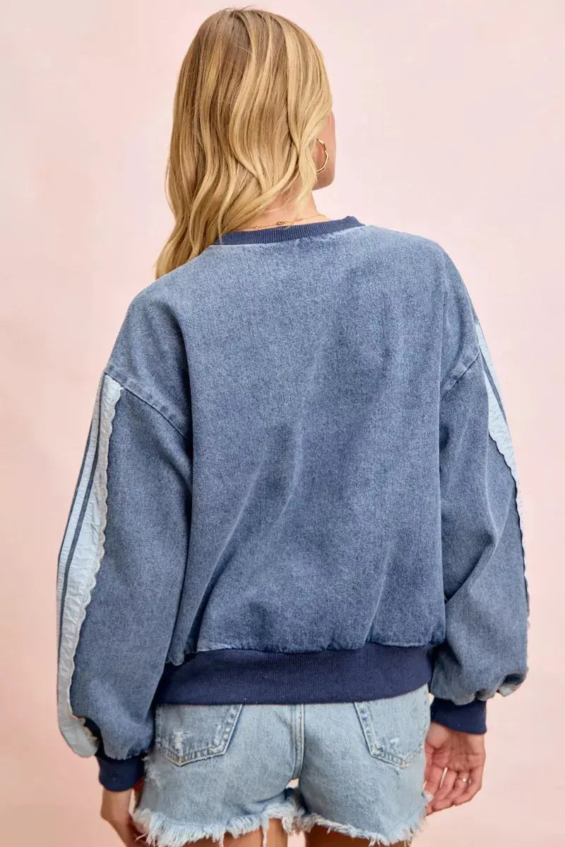 BiBi Washed Denim Lace Contrast Sided Sweatshirt  Style Ratio