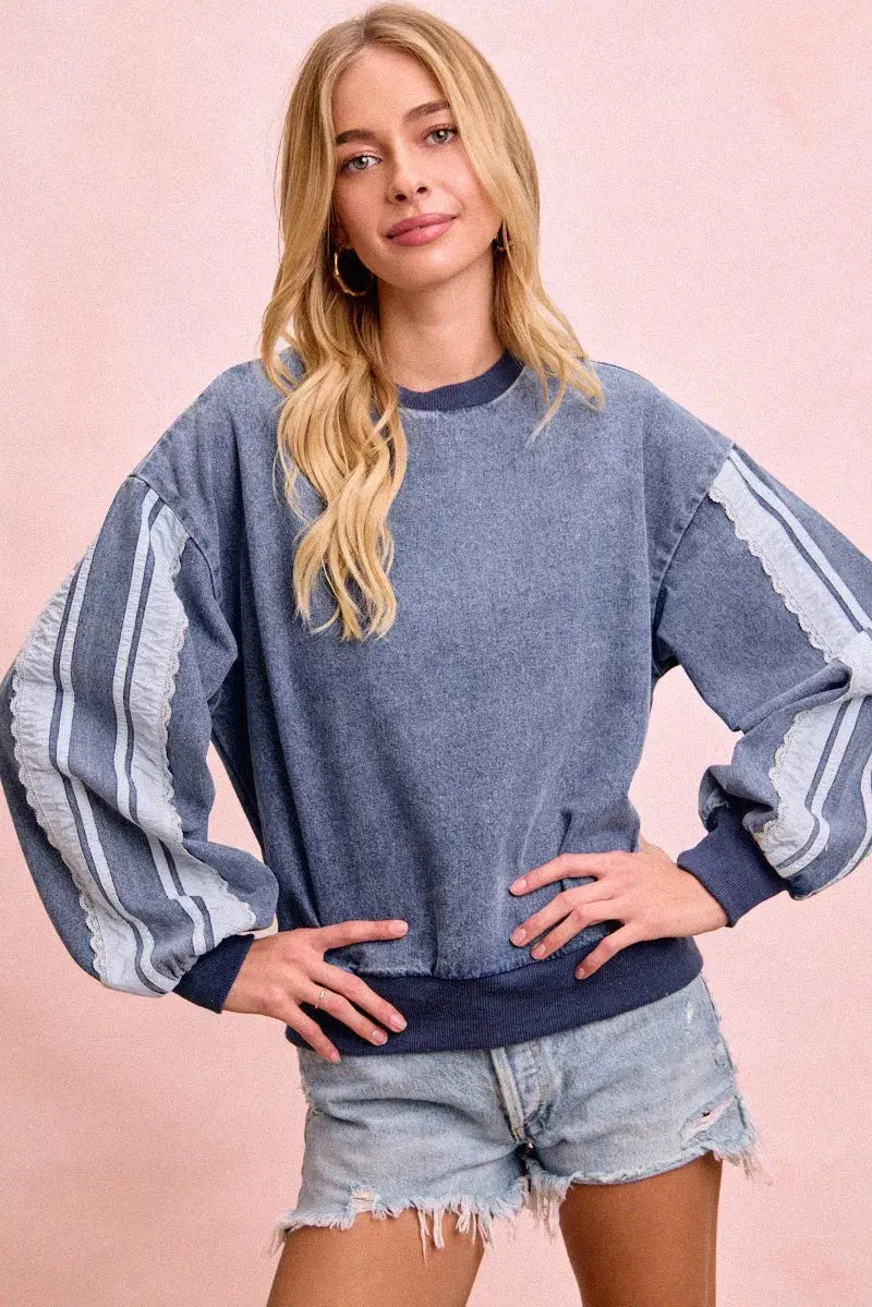 BiBi Washed Denim Lace Contrast Sided Sweatshirt  Style Ratio