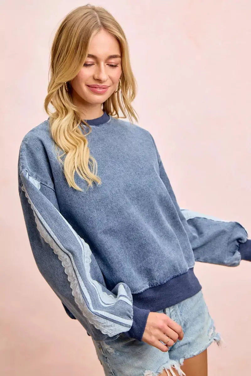 BiBi Washed Denim Lace Contrast Sided Sweatshirt  Style Ratio