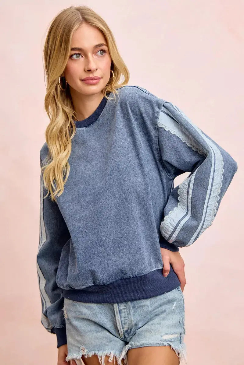 BiBi Washed Denim Lace Contrast Sided Sweatshirt  Style Ratio
