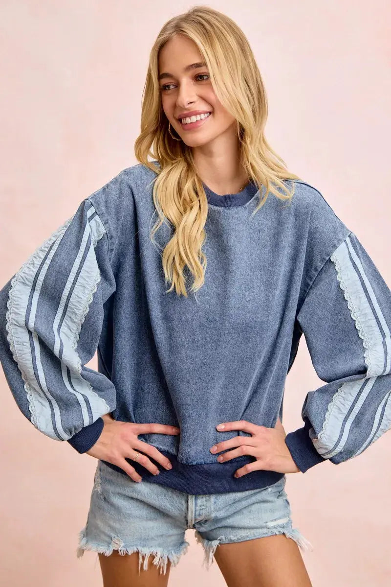 BiBi Washed Denim Lace Contrast Sided Sweatshirt  Style Ratio