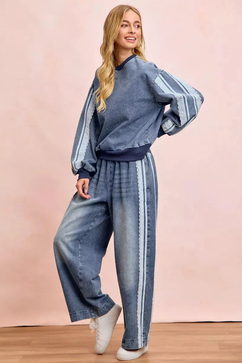 BiBi Washed Denim Lace Contrast Sided Sweatshirt  Style Ratio
