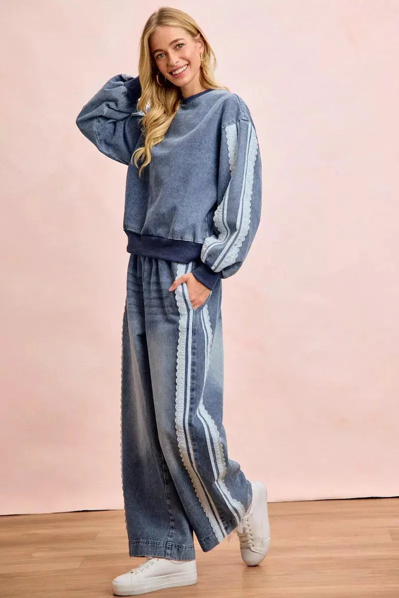 BiBi Washed Denim Lace Contrast Sided Sweatshirt  Style Ratio