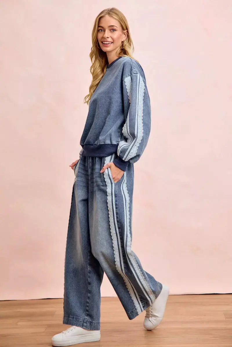 BiBi Washed Denim Lace Contrast Sided Sweatshirt  Style Ratio