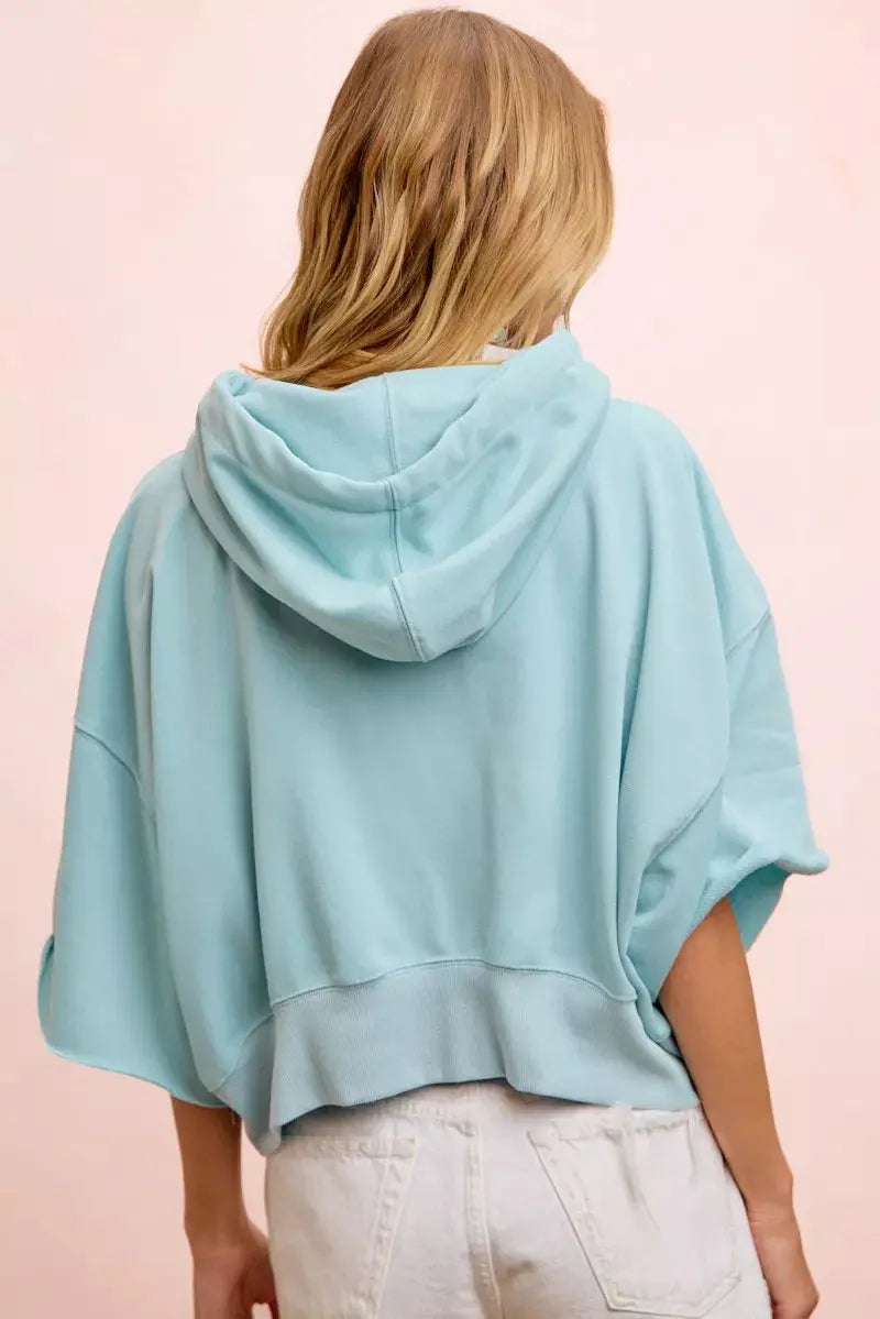 BiBi Washed Terry Short Sleeve Drawstring Hoodie Top  Style Ratio
