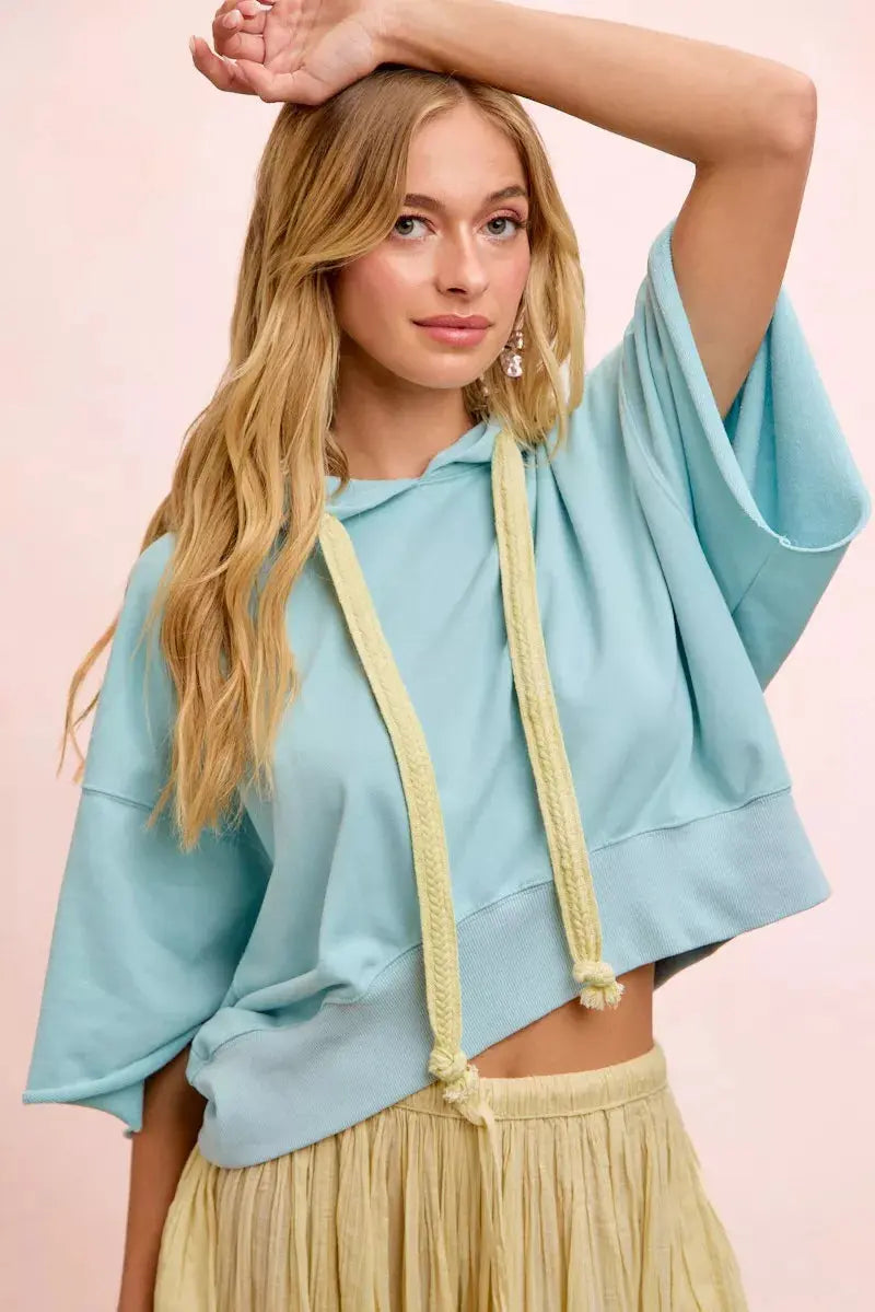 BiBi Washed Terry Short Sleeve Drawstring Hoodie Top  Style Ratio