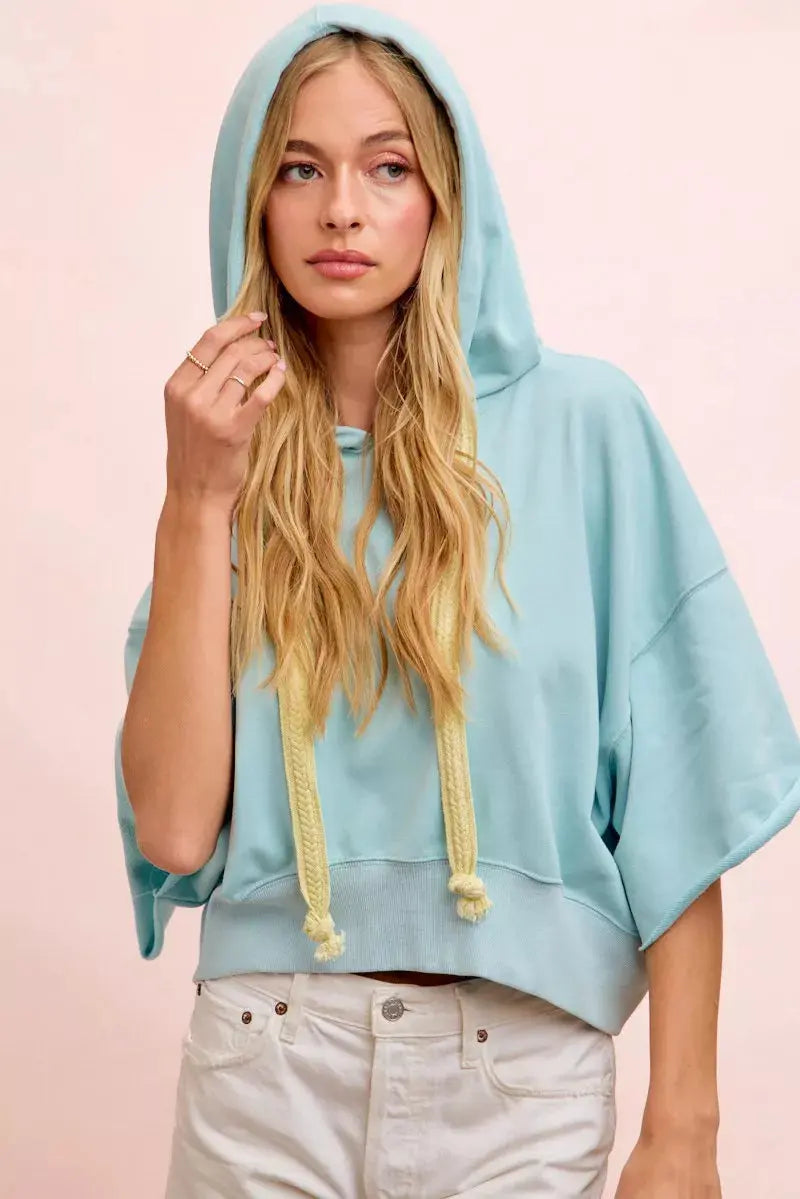 BiBi Washed Terry Short Sleeve Drawstring Hoodie Top  Style Ratio
