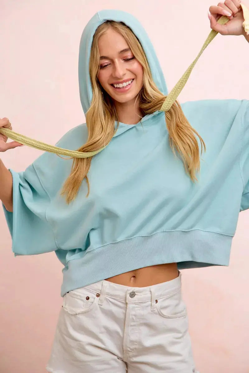 BiBi Washed Terry Short Sleeve Drawstring Hoodie Top  Style Ratio