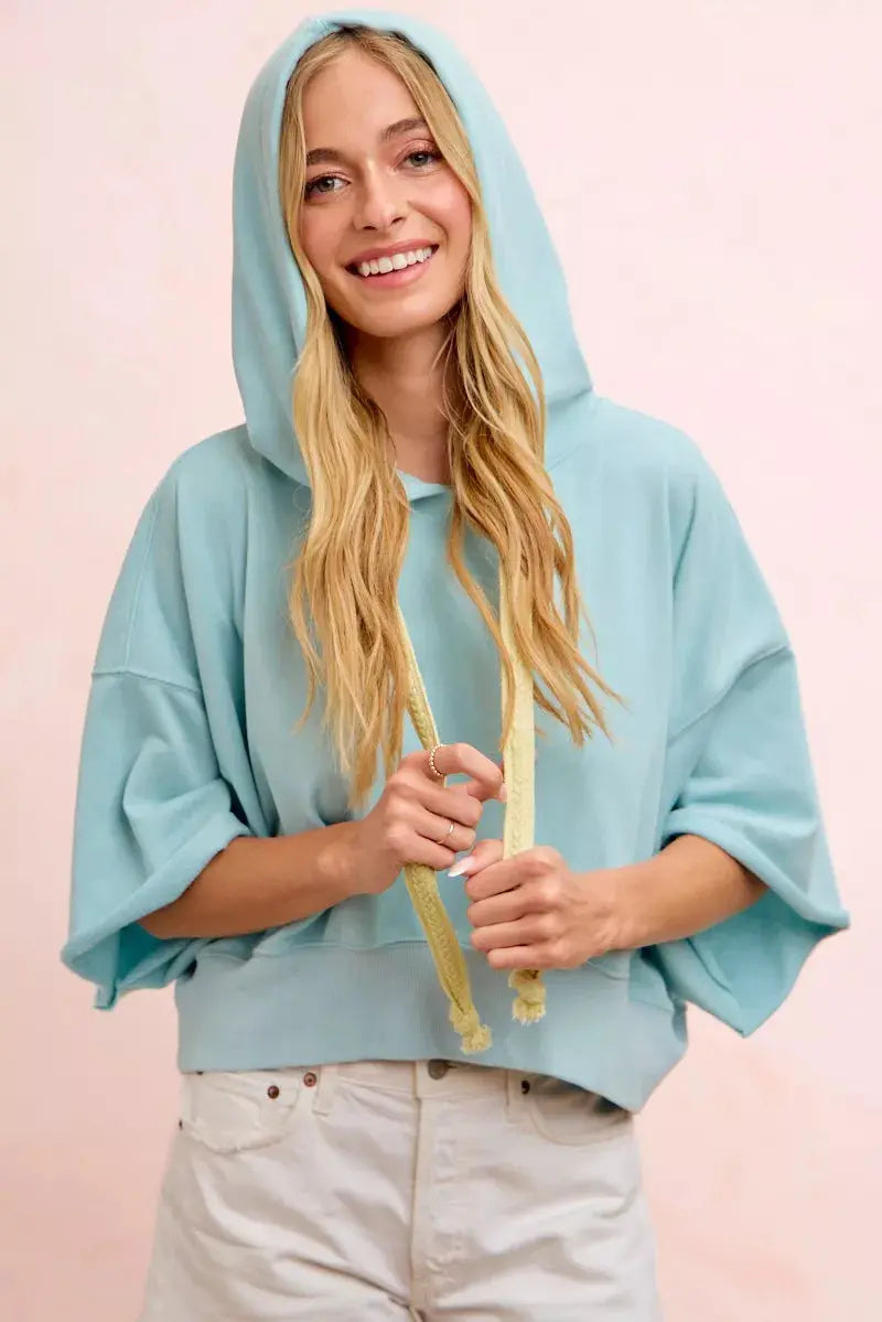 BiBi Washed Terry Short Sleeve Drawstring Hoodie Top  Style Ratio