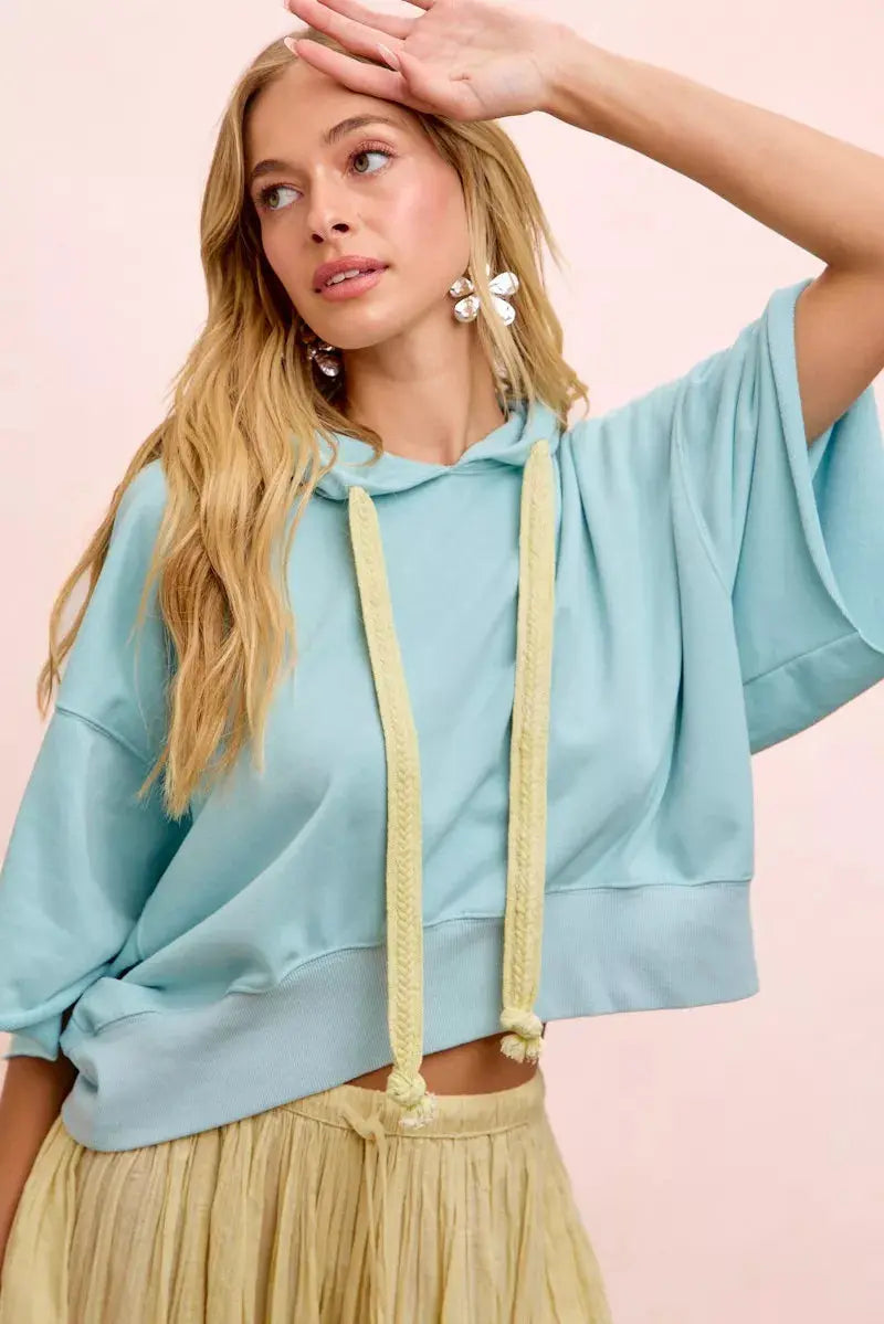 BiBi Washed Terry Short Sleeve Drawstring Hoodie Top  Style Ratio