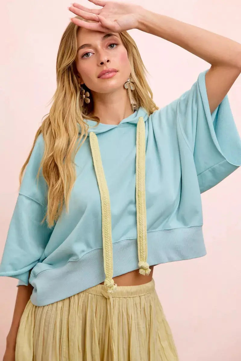 BiBi Washed Terry Short Sleeve Drawstring Hoodie Top  Style Ratio