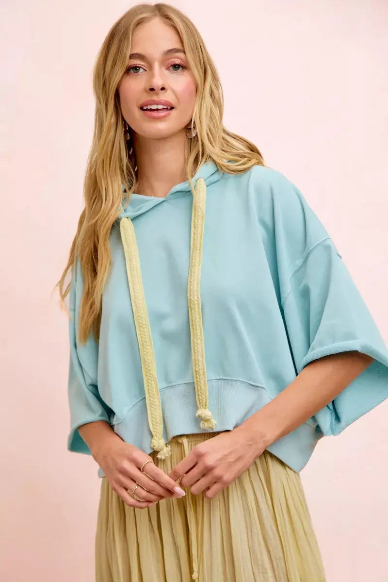 BiBi Washed Terry Short Sleeve Drawstring Hoodie Top  Style Ratio