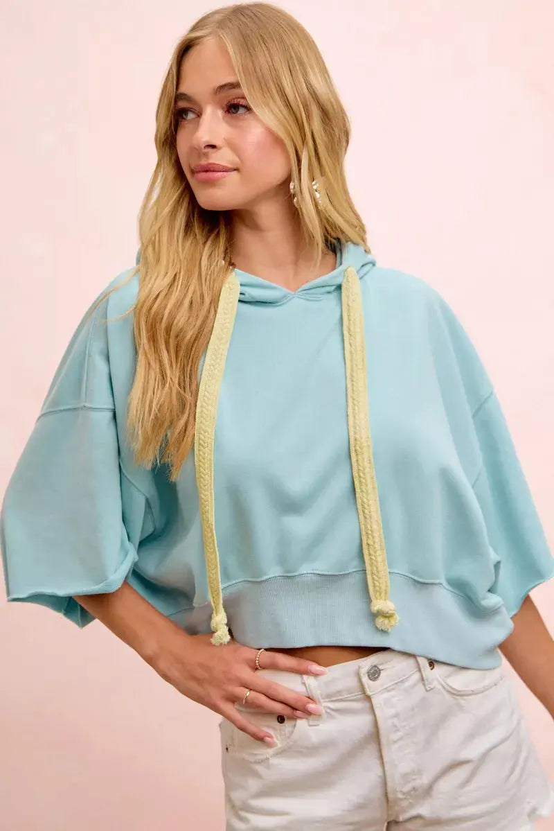 BiBi Washed Terry Short Sleeve Drawstring Hoodie Top  Style Ratio