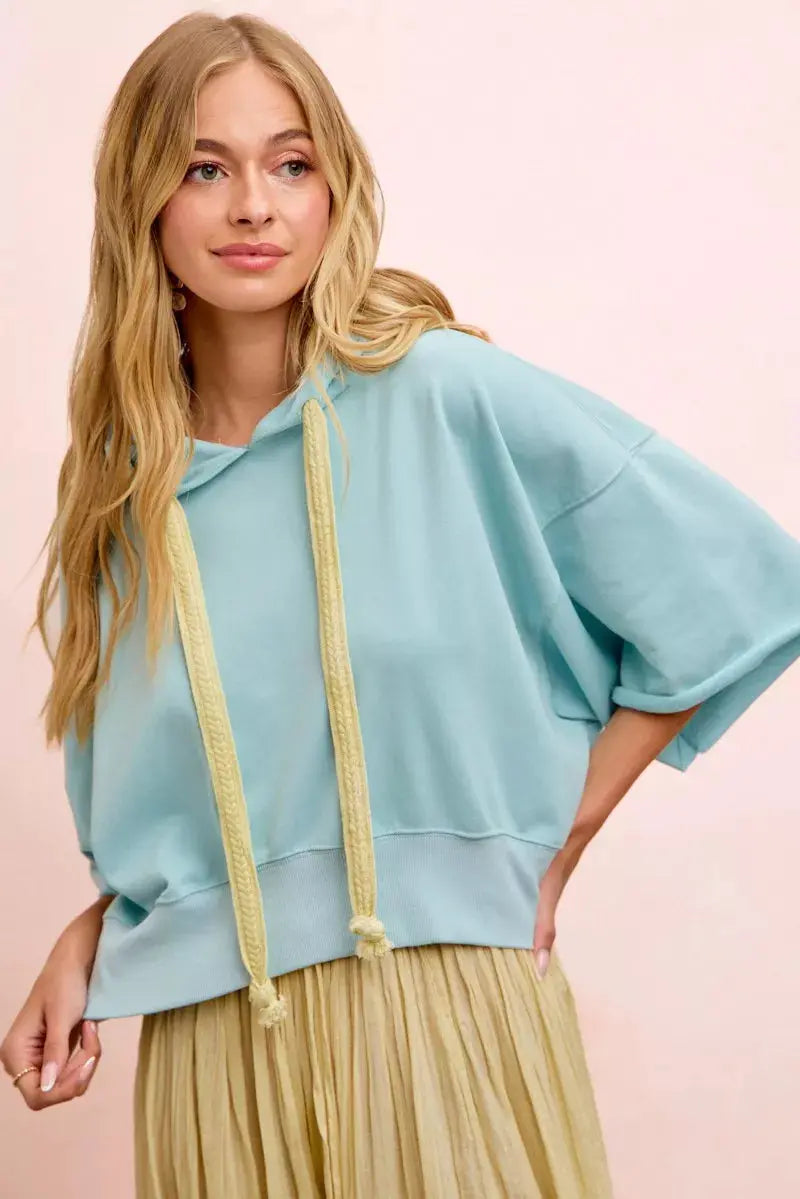BiBi Washed Terry Short Sleeve Drawstring Hoodie Top  Style Ratio