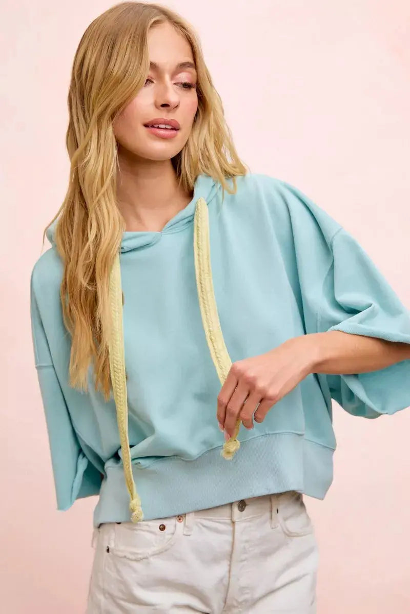 BiBi Washed Terry Short Sleeve Drawstring Hoodie Top  Style Ratio