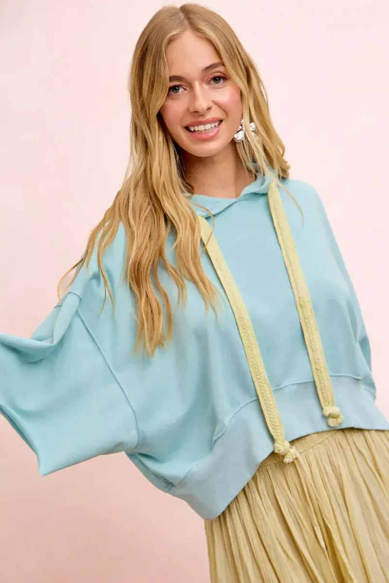BiBi Washed Terry Short Sleeve Drawstring Hoodie Top  Style Ratio