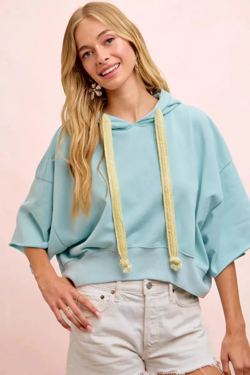 BiBi Washed Terry Short Sleeve Drawstring Hoodie Top  Style Ratio