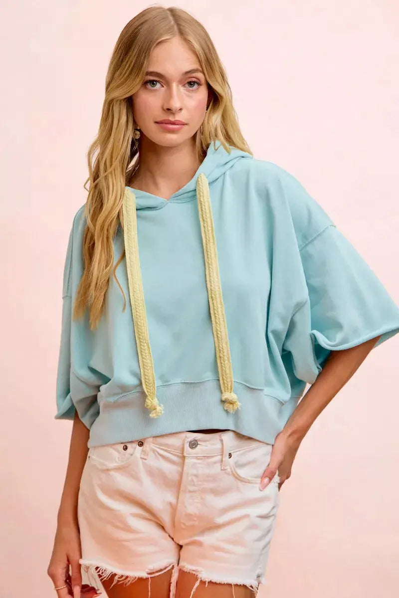 BiBi Washed Terry Short Sleeve Drawstring Hoodie Top  Style Ratio