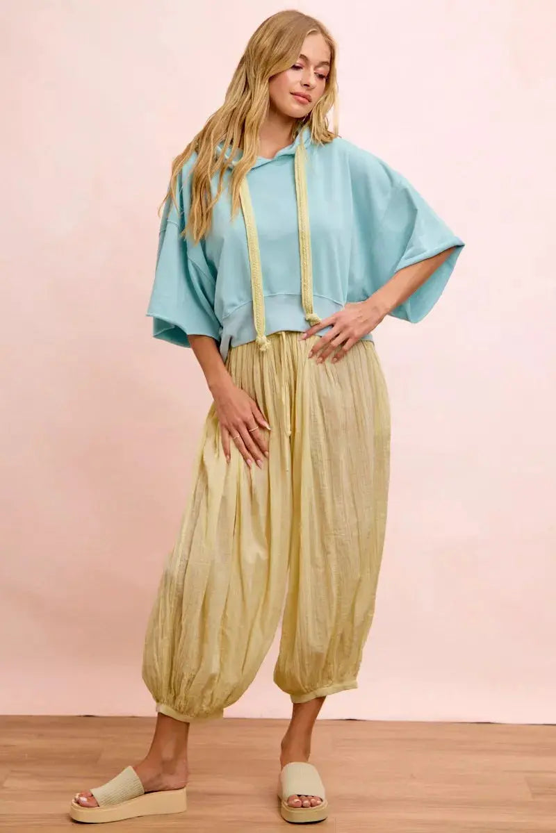 BiBi Washed Terry Short Sleeve Drawstring Hoodie Top  Style Ratio