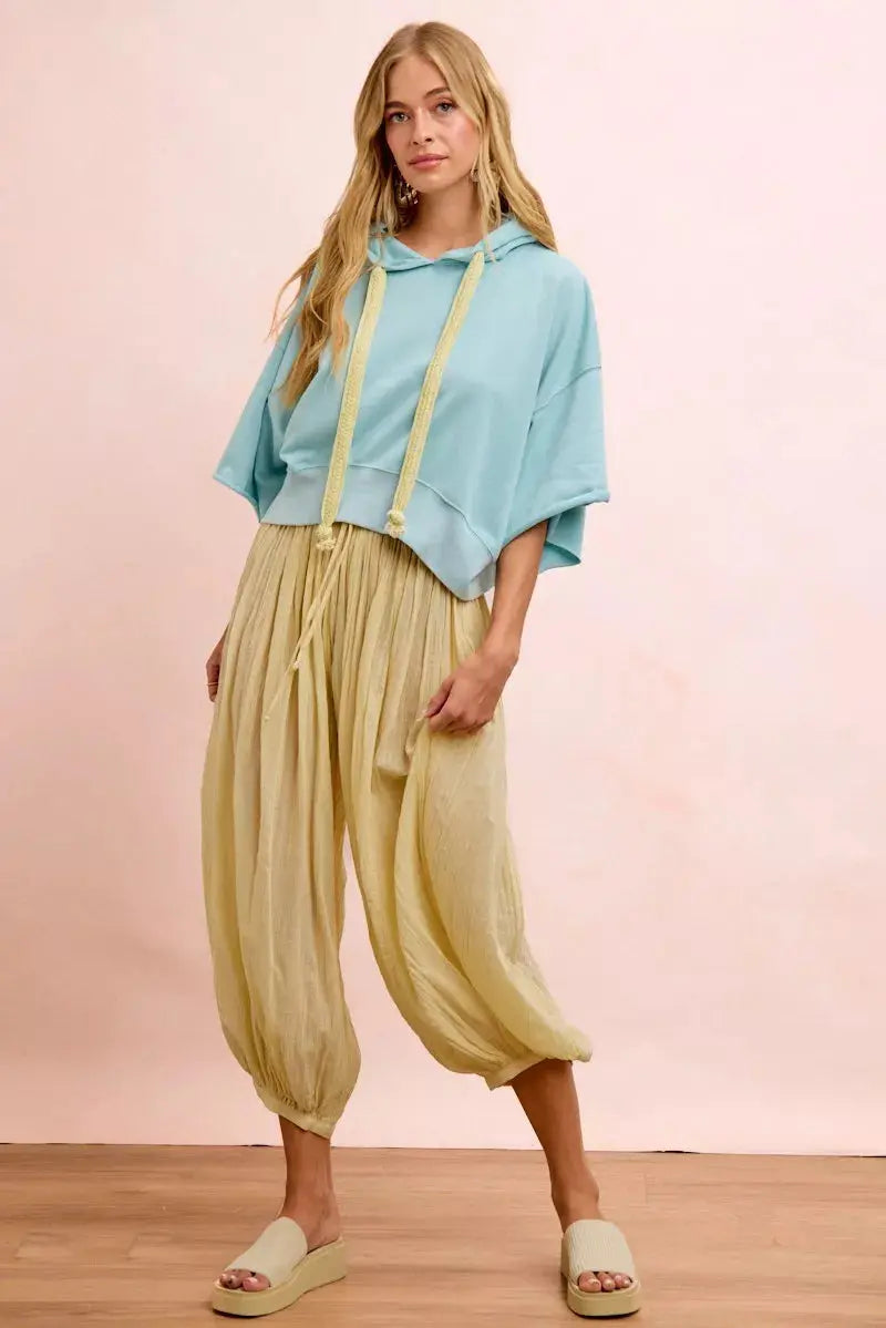BiBi Washed Terry Short Sleeve Drawstring Hoodie Top  Style Ratio