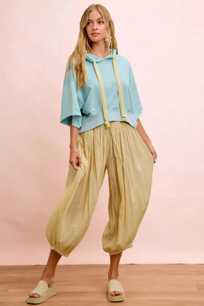 BiBi Washed Terry Short Sleeve Drawstring Hoodie Top  Style Ratio