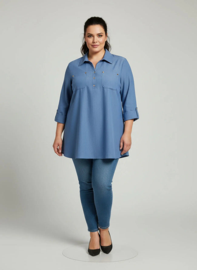 Blush Utility Button Front Roll Sleeve Blouse  Style Ratio
