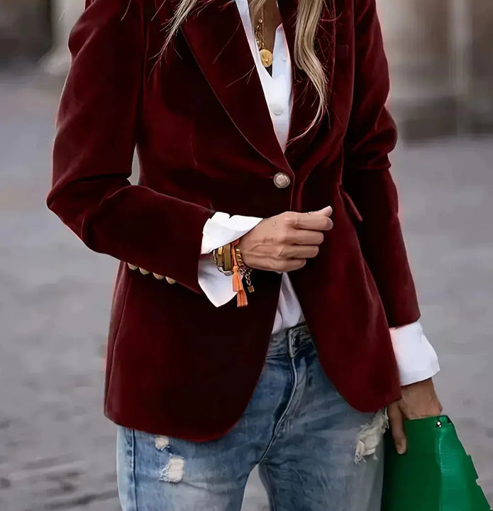 Burgundy Lapel Collar One Button Blazer  Style Ratio
