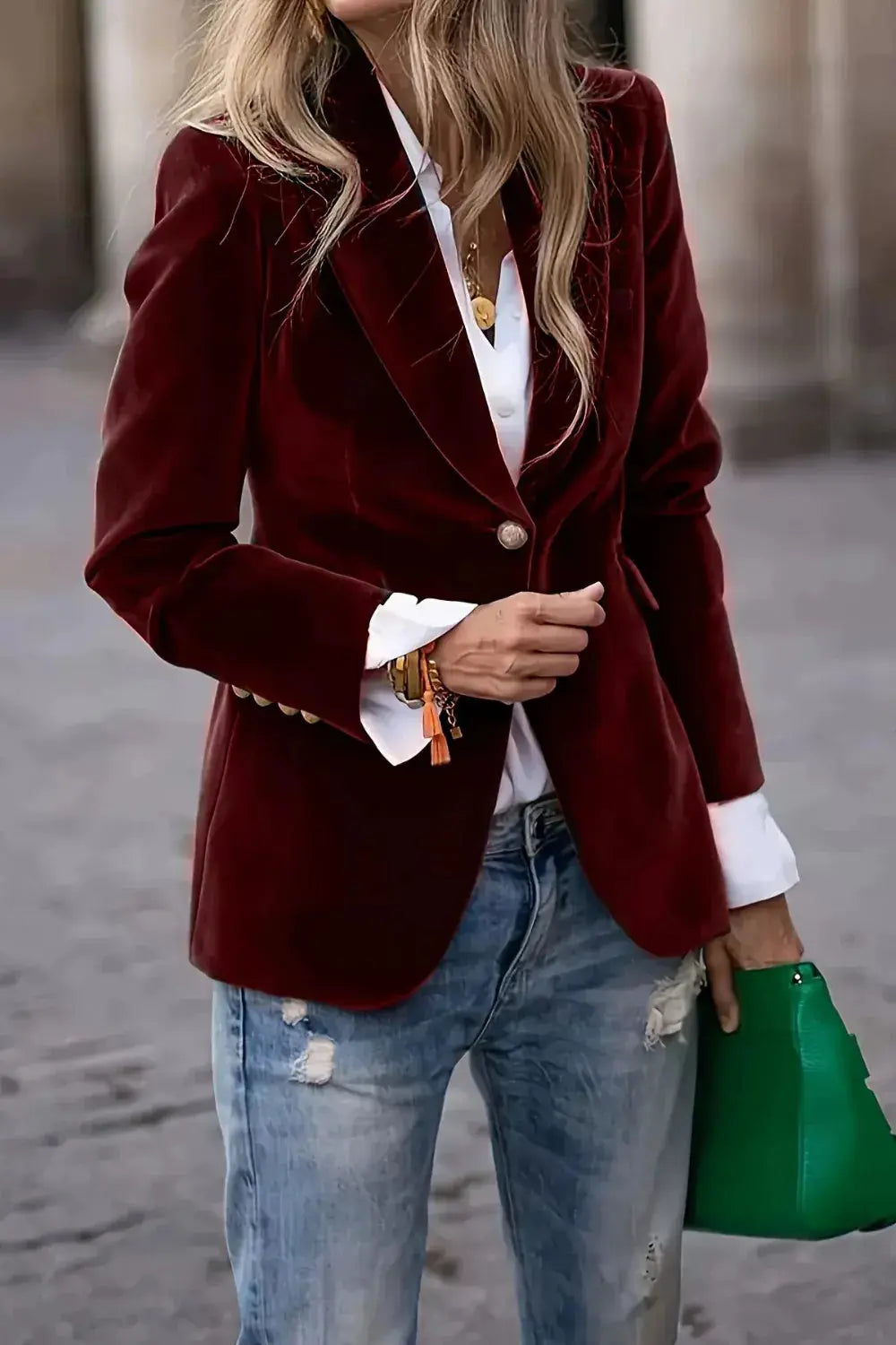 Burgundy Lapel Collar One Button Blazer  Style Ratio
