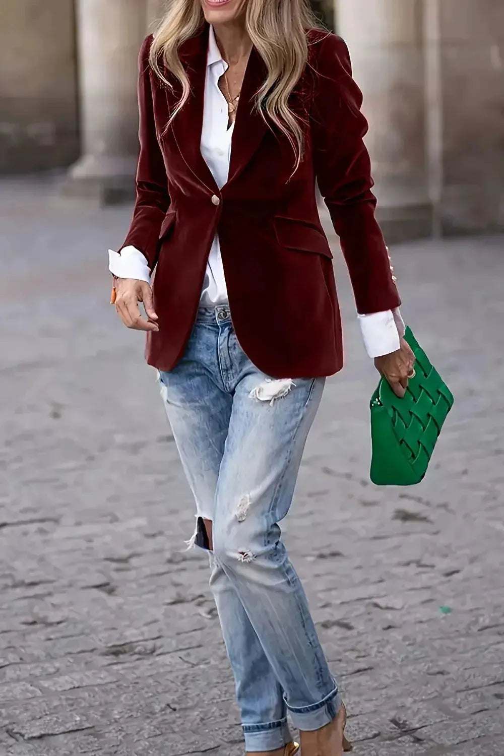 Burgundy Lapel Collar One Button Blazer  Style Ratio