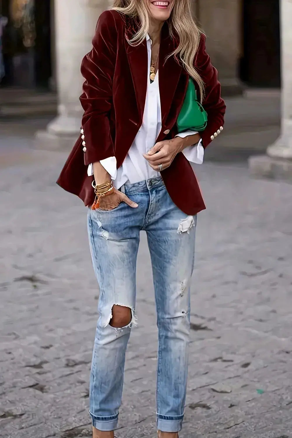 Burgundy Lapel Collar One Button Blazer  Style Ratio