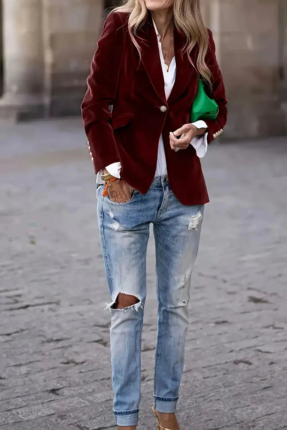 Burgundy Lapel Collar One Button Blazer  Style Ratio