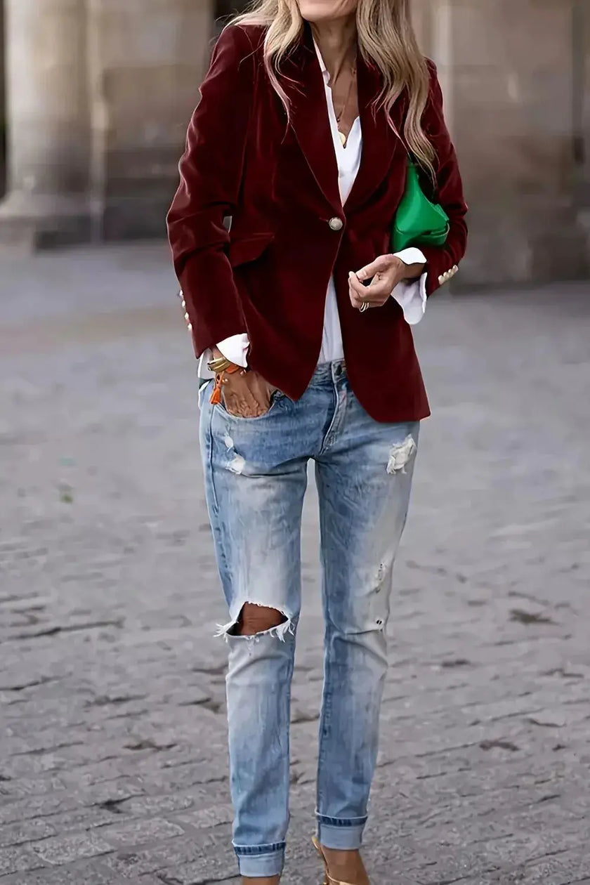 Burgundy Lapel Collar One Button Blazer  Style Ratio