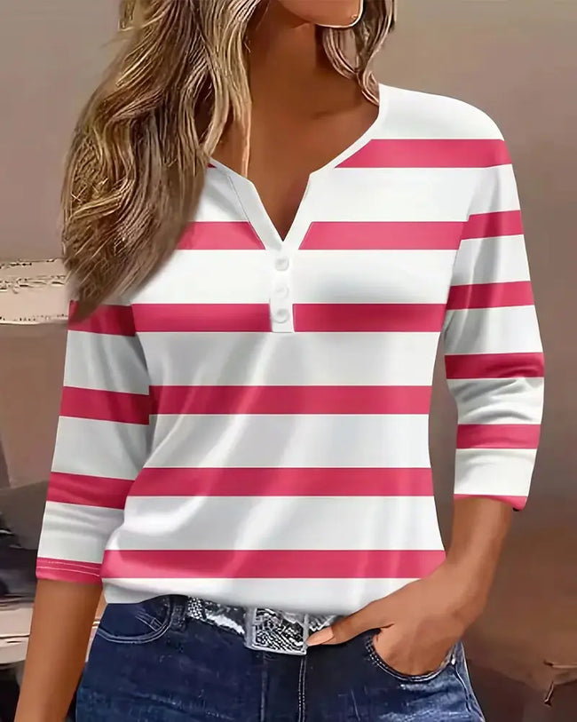 Stripe V Neck Buttoned Casual Shirt  Style Ratio